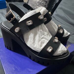 Steve Madden Black Wedge Sandals with Gem Accents